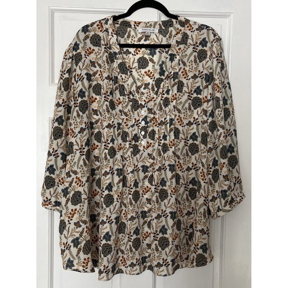 Rose Olive Top Womens 3X Floral Cream Earthy Forest V-neck Pleats Office Flowy